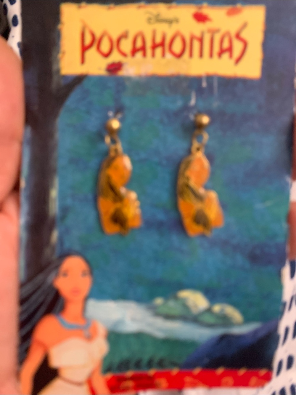 Vintage 63s Disney Gold-Tone Pocahontas Enamel Dangle Earrings